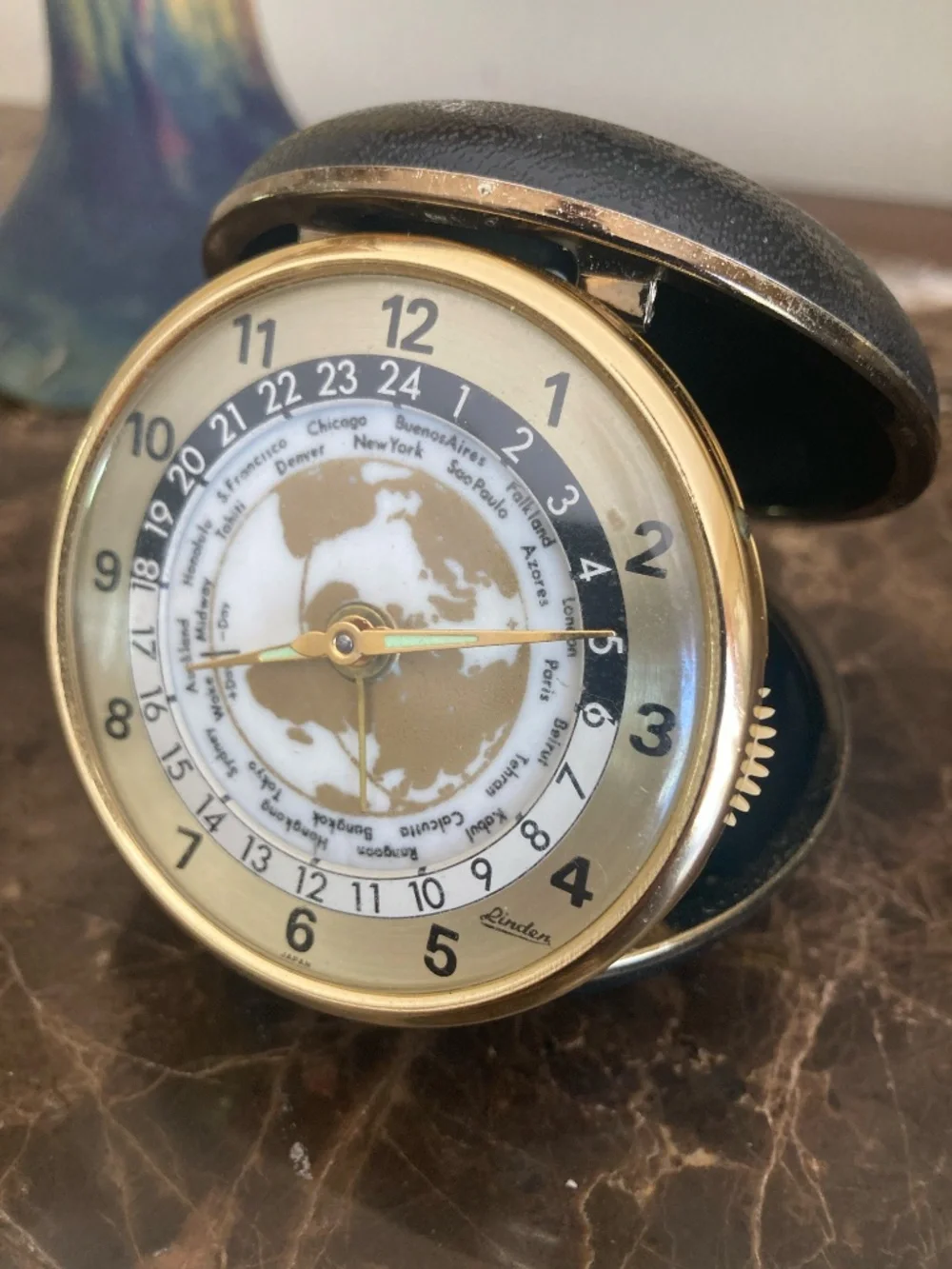 Vintage Linden World Time Travel Alarm Clock Japan Mechanical Wind-Up Working
